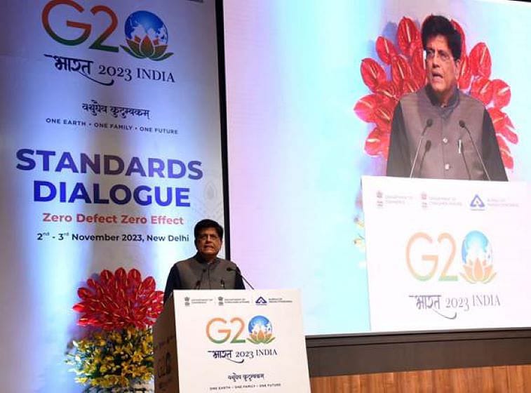 A picture of Union Minister Piyush Goyal speaking at the 'G20 Standards Dialogue' event