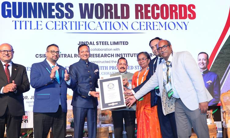 Dr Jitendra Singh and dignitaries at the Guinness World Records certification ceremony for India's longest steel slag road, Raigarh, Chhattisgarh