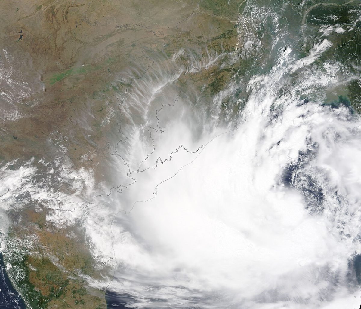 Satellite view of a tropical cyclone over the Bay of Bengal