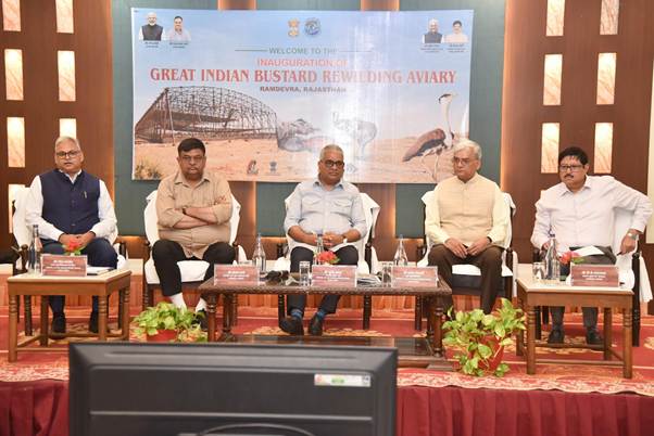 Officials at the Great Indian Bustard Rewilding Aviary inauguration in Ramdevra, Rajasthan
