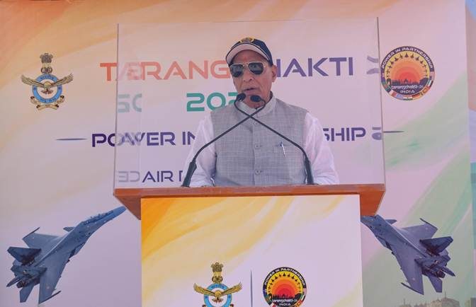 Defence Minister Rajnath Singh addressing participants of Exercise Tarang Shakti 2026 at Air Force Station Jodhpur